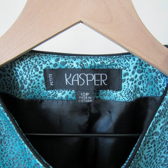 VINTAGE KASPER TEAL LEOPARD ANIMAL PRINT SATIN BLAZER JACKET Size-10 petite - Picture 3 of 9